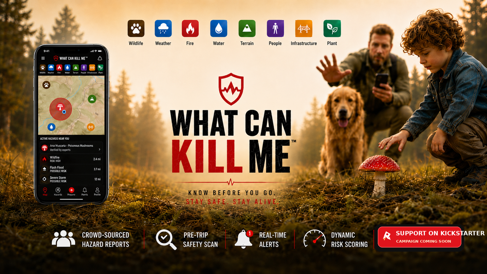 What Can Kill Me app banner showing a family near a poisonous mushroom, a phone map, eight hazard categories, and safety features